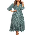thumbnail image 1 of Robe Vintage d'Automne pour Femme à Manches Longues, Col en V, Imprimé Floral, Robe à Manches Longues, Robe Maxi Décontractée pour Fête de Vacances, Vert G, 1 of 5
