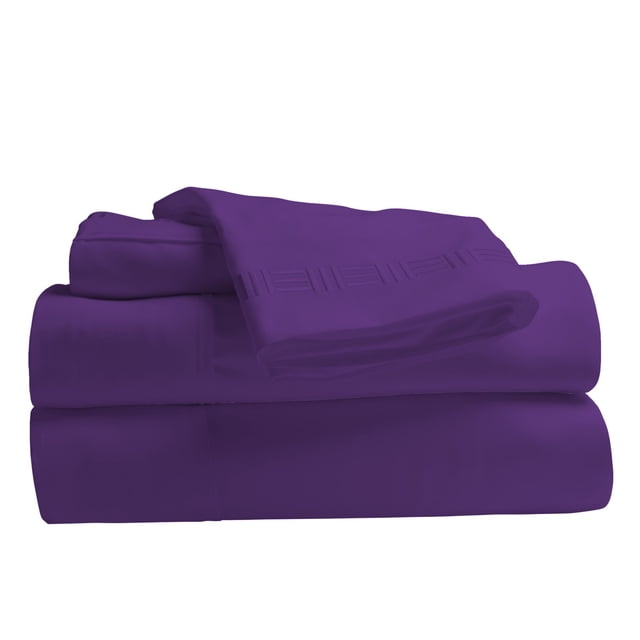 Comfy Bamboo World 9900 Series 100gsm Embroidered Bedsheets Sheet Set, King Size, Purple. A neatly folded bedding set made of ultra-soft microfiber in a vibrant purple color, featuring embroidered detailing. Includes deep pockets for mattresses up to 18 inches, hypoallergenic and wrinkle-resistant for year-round comfort.
