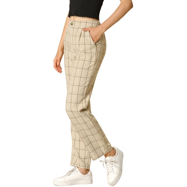 Unique Bargains Women's Plaid High-Rise Straight Leg Trousers with Pockets, Khaki, 3X-Large