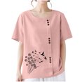 thumbnail image 3 of T-shirts en Lin à Col Rond Oversize pour Femmes, Manches Courtes, T-Shirts en Coton, Imprimé Floral, à Boutons, Blouses Tendance, 3 of 7