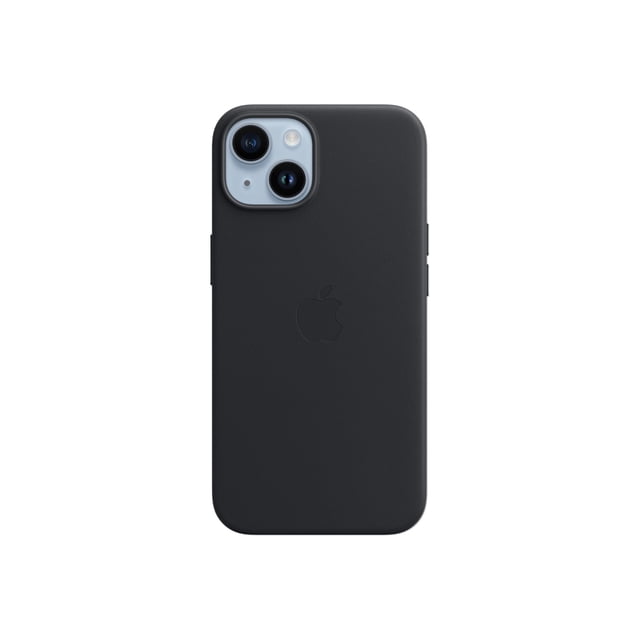 Apple Étui Arrière pour Téléphone mobile, Conçue pour iPhone 14, avec Compatibilité MagSafe et Fabriquée en Cuir de Couleur Minuit de Qualité Supérieure. Cette Étui de Téléphone Cellulaire Légère Comprend des Aimants Intégrés pour un Alignement Précis, Prend en Charge la Recharge Sans Fil et Met en Valeur le logo Apple à l'Arrière.