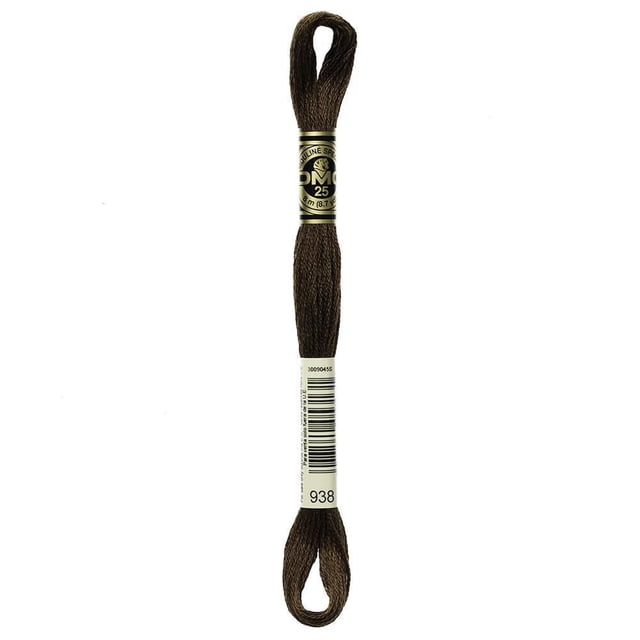 DMC Brown Cotton 6 Strand Floss 8m skein in dark brown, made of 100% long staple Egyptian cotton with six easily separated strands, ideal for embroidery, cross-stitch, needlepoint, and scrapbooking projects.