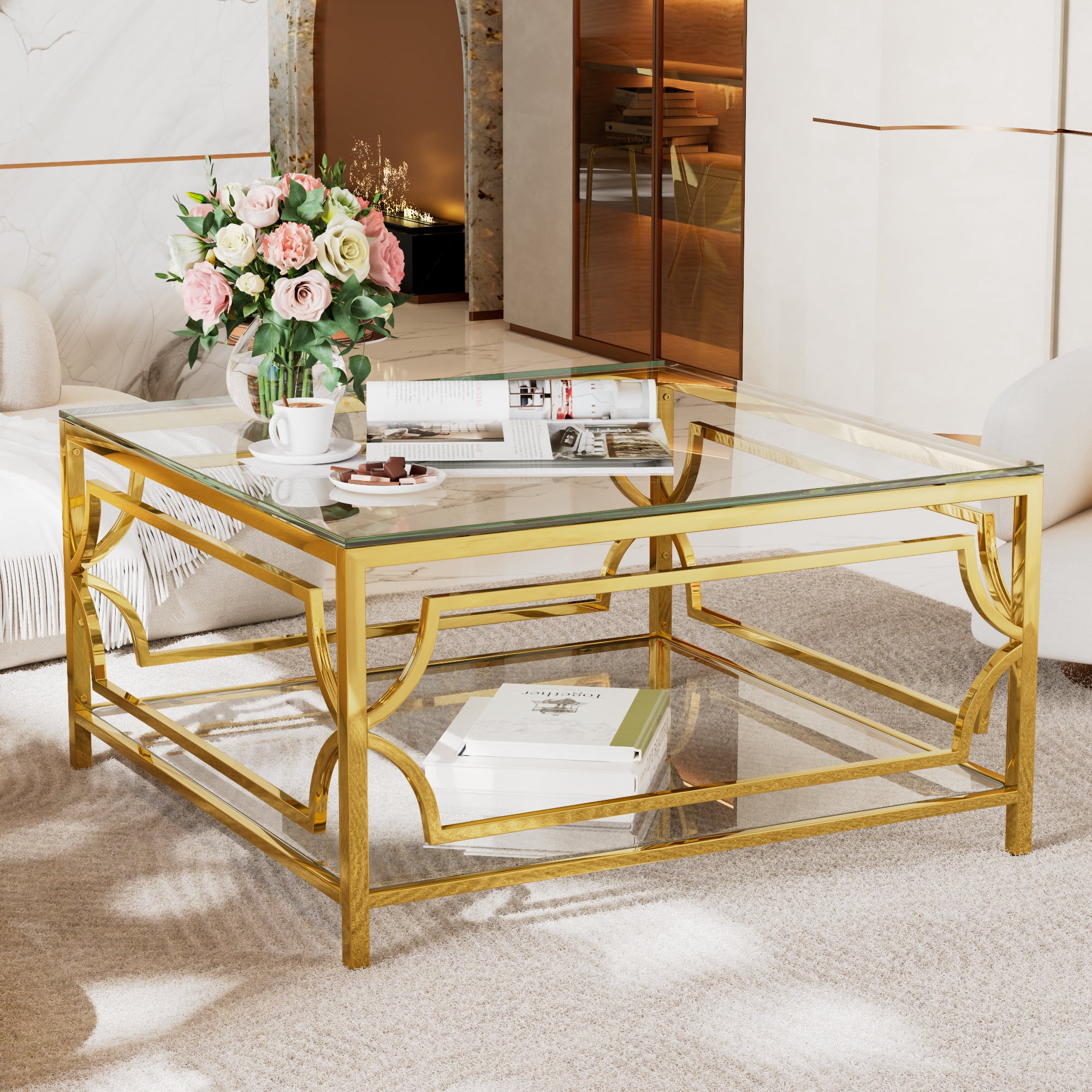 Table basse carrée en verre trempé Noble House 85 cm, transparente et dorée