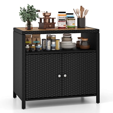 Costway Armoire de Rangement en Rotin pour Patio avec Comptoir en Bois d'Acacia, Étagère Ouverte, Armoire à 2 Portes, Noir