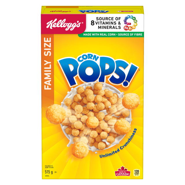 Céréales Kellogg's Corn Pops Format Familial Boîte de 515 g avec Fond Jaune Vif Présentant un Bol de Morceaux de Céréales de Maïs Rondes Croquantes Qui Éclaboussent dans du Lait, Mettant en Valeur Qu'il N'Y a Pas de Gras, Fait avec du Vrai Maïs, une source de Fibres et 8 Vitamines et Minéraux Essentiels, 120 calories par Portion, Fabriqué au Canada.