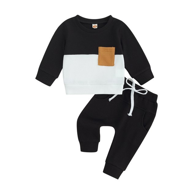 Fortune 0-3T Toddler Baby Boy Waffle Clothes Patchwork Sweatshirt Pullover Long Pants Infant Fall Winter Outfits