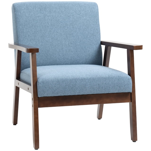HOMCOM Modern Accent Chair with Cushioned Seat and Rubberwood Arms blue linen-touch upholstered chair, front-facing view, wide cushioned seat with deep foam padding, visible rubberwood armrests and tapered legs, adjustable feet; overall 26" W x 26.8" D x 30.3" H (66 x 68 x 77 cm). Suitable as extra living room or sunroom seating and often used as occasional guest chair.