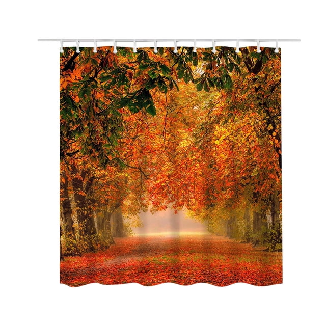 Fabric shower curtain for bathroom with a printed autumn forest design featuring vibrant orange and red leaves. Made of mildew-proof polyester fabric, it measures 150x180 cm and includes 12 holes for easy hanging and removal. Suitable for shower stalls, it prevents water from splashing out and is machine or hand washable.