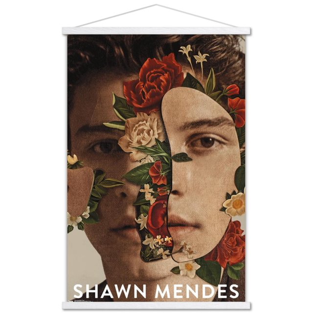 Shawn Mendes - Floral Wall Poster, 22.375" x 34" featuring a close-up of dark curly hair accented with small white and red flowers, printed on glossy poster paper with vibrant multicolour details, suitable for bedroom, office, or dorm room wall décor.