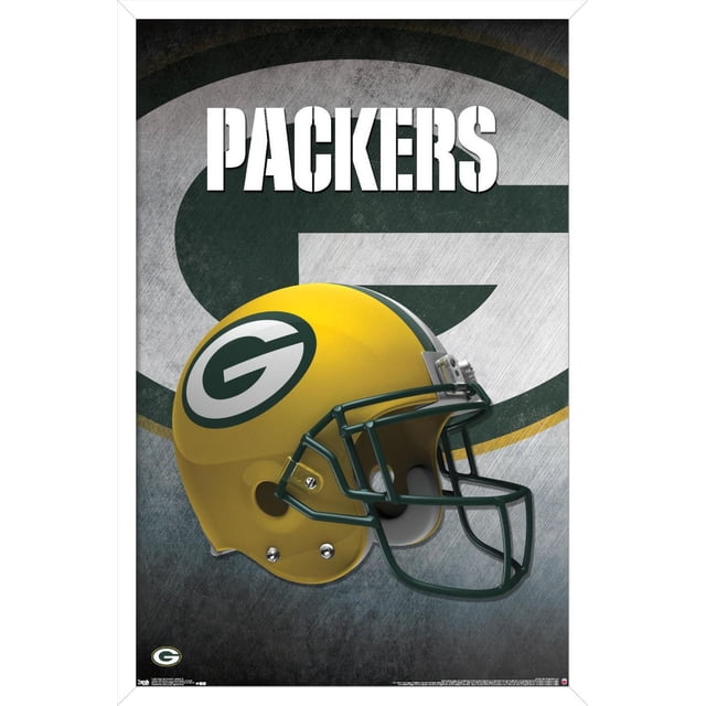 NFL Green Bay Packers - Affiche Murale de Casque 16, 22,375 Po x 34 Po Encadrée Montrant un Casque de football Jaune avec un Masque Vert et le logo « g » des Packers sur le Côté, sur Fond Texturé avec un Grand Emblème des Packers Délavé et le Mot « Packers » en Lettres Blanches Audacieuses au-Dessus, Convient à la Déco de Chambre à Thème Sportif.