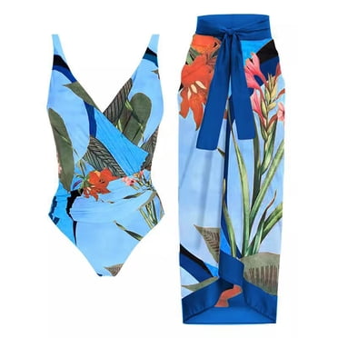RKSTN Maillots de Bain pour Femmes, Ensemble Deux Pièces pour Femme Contrôle du Ventre à Lacets Maillot de Bain Imprimé Floral Jupe Longue Ensemble Deux Pièces en Chiffon avec Paréo