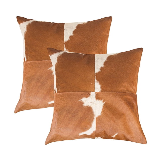 TORINO QUATTRO COWHIDE PILLOW 18"X18" 2-PACK includes two hand-stitched square pillows made from 100% natural Indian cowhide with a brown and white patchwork design, hidden zipper closures, and soft microsuede backing, perfect for layering in home décor to add natural texture and warmth while accenting multiple seating areas.