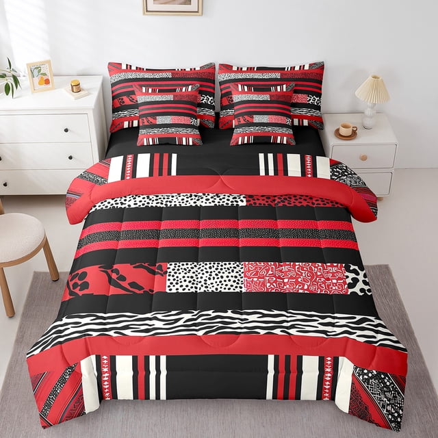 Red Striped King Comforter Set,7 Pieces Leopard Print Zebra Stripes Comforters King Bed in a Bag for Bedroom,Geometry Spot Aztec Bedding Comforter Sets with Comforter,Sheets,Shams & Pillowcases