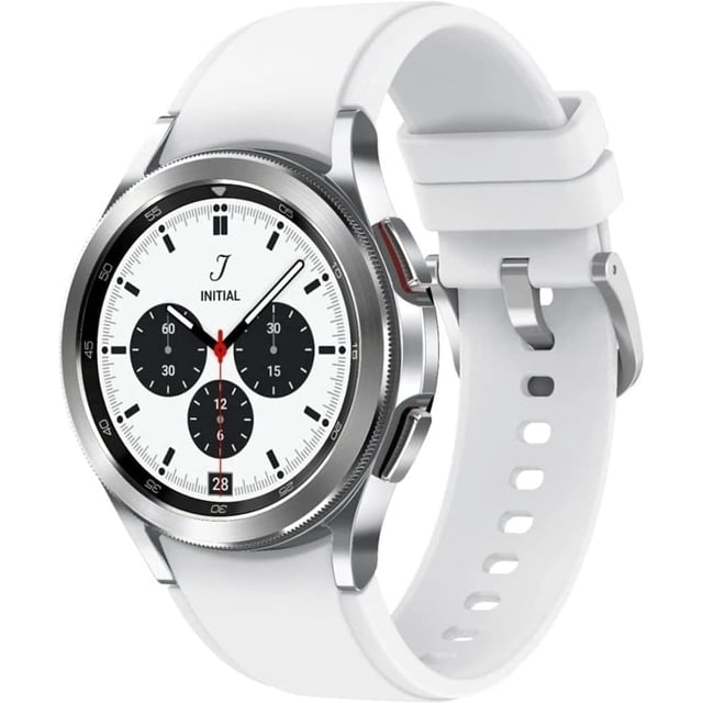 Samsung Galaxy Watch4 (Classic Edition) 46mm GPS Smartwatch with Heart Rate Monitor, shown in a sleek silver case with a white silicone strap. The watch features a round AMOLED touchscreen display with a classic chronograph-style watch face. Certified refurbished with minimal cosmetic wear, it offers advanced fitness tracking, VO2 Max monitoring, and compatibility with Android 6.0 or higher. Water-resistant up to 50 metres and equipped with Bluetooth 5.0 and Wi-Fi connectivity.