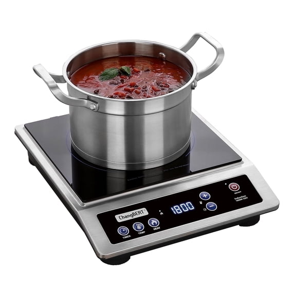ChangBERT Cuisinière à Induction, Cuisinière Portable de Qualité Commerciale, Grand Serpentin de Chauffage de 8”, Brûleur de Comptoir en Acier Inoxydable de Qualité Supérieure avec Certification NSF, Minuterie Puissante de 10 Heures 1800 W Plat Chaud Professionnel