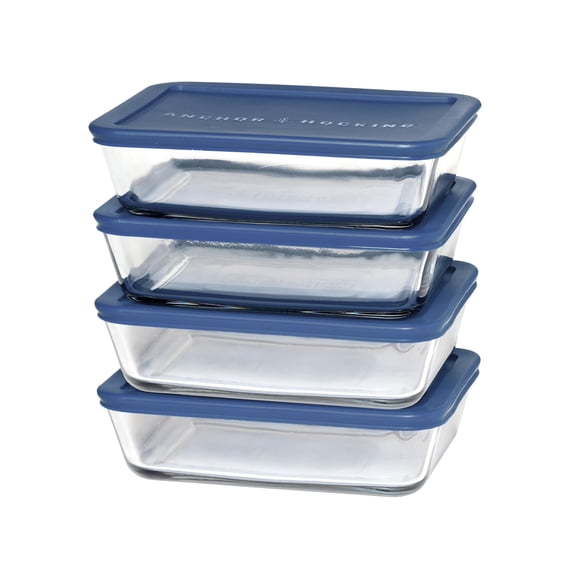 Anchor Hocking SnugFitTM Rectangular Food Storage Containers with Lids (4-Piece, 6-cup, Navy Blue, oven-safe)