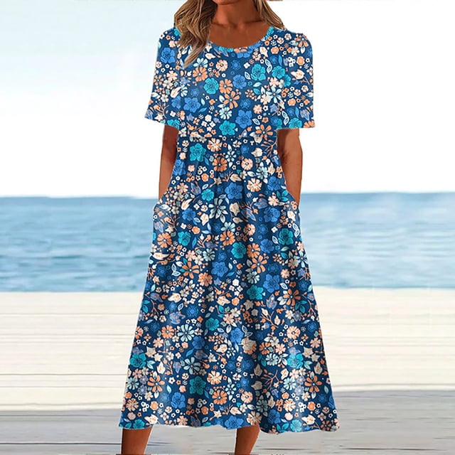 YUNAFFT Robes pour Femmes Liquidation Robes d'Été Décontractées pour Femmes Col Rond Manches Courtes Fermeture Éclair Pliantes à Imprimé Floral Soldes