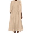 thumbnail image 2 of Robes Maxi en Coton et Lin pour Femmes, Robe Tunique à Boutons Col Ras du Cou Manches Longues Plissée Ligne a Fluide Longues Robes Robe Chandail pour Femmes Décontractée Kaki P, 2 of 9
