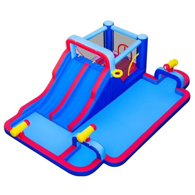 Costway Inflatable Water Slide Park Kids Bounce House featuring dual blue and red slides, a spacious jumping area, a climbing wall, and a basketball hoop. Includes a large splash pool and three yellow water cannons for interactive play. Made of durable 420D Oxford fabric with reinforced stitching and safety mesh walls. Suitable for children aged 3-12 years, with a maximum weight limit of 200 lbs. Designed for backyard use and quick inflation with a 750W-850W blower (not included).