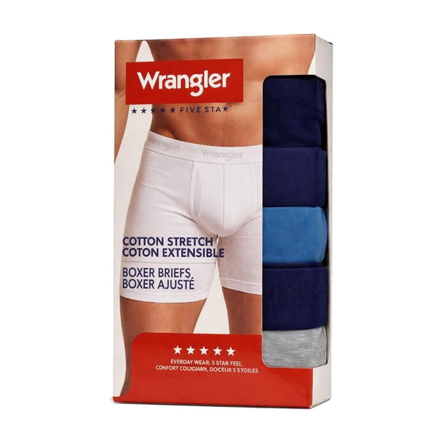 Wrangler Ensemble de Boxeurs pour Hommes en Coton Extensible, devant Plat, Lot de 4 Vues Montrant un Confort Lisse, Ceinture à logo, Pochette en U et Entrejambe de 6 Pouces Sans Remontée; Mélange Coton/Spandex/poly avec Extensibilité 4 Directions Évacuant l'Humidité pour un Port Respirant Toute la Journée, Souvent Utilisé comme option Compacte pour le gym Ou les Voyages.