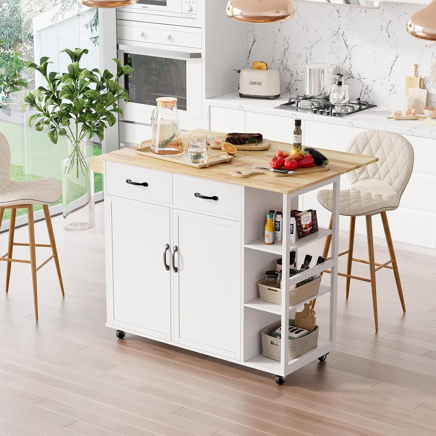 Royalbelle Rolling Kitchen Island,Kitchen Island Cart on Wheels with Drop Leaf and Storage,2 Cabinets,2 Drawers,3-Tier Spice Racks & Towel Holder,Movable Kitchen Island Table for Dining Room,White