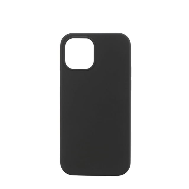 Onn. iPhone 12/12 Pro MagSafe Phone Case in black, showing a front-facing view of a slim silicone case with a soft-touch finish, microfibre lining, and a large camera cutout, providing 4-sided protection and MagSafe compatibility, often used to safeguard phones during outdoor activities.