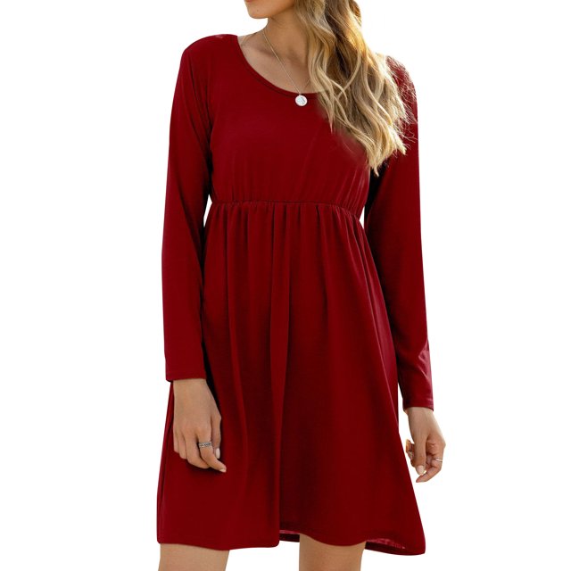 Women High Waist Long Sleeve Crew Neck Solid Color Pleated Mini Dress