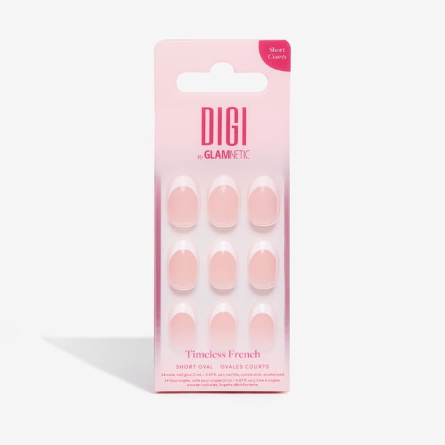 Digi by Glamnetic Timeless French Press-On Nails featuring 9 short oval false nails with classic white French tips on a pink gradient card, including nail glue, nail file, cuticle stick, and alcohol wipe for easy application and long-lasting wear.