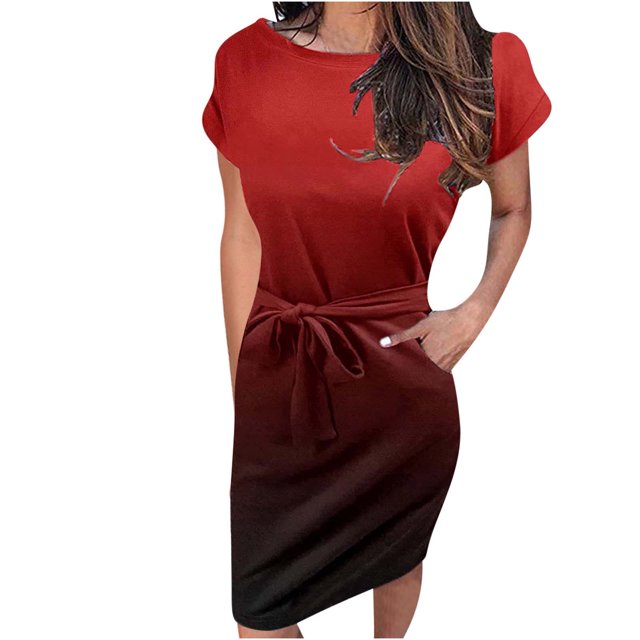 Robe d'Été pour Femme à Dégradé, Taille Resserrée, Col Rond, Manches Courtes, Robe Midi, Robes pour Femmes Invitées de Mariage en Liquidation