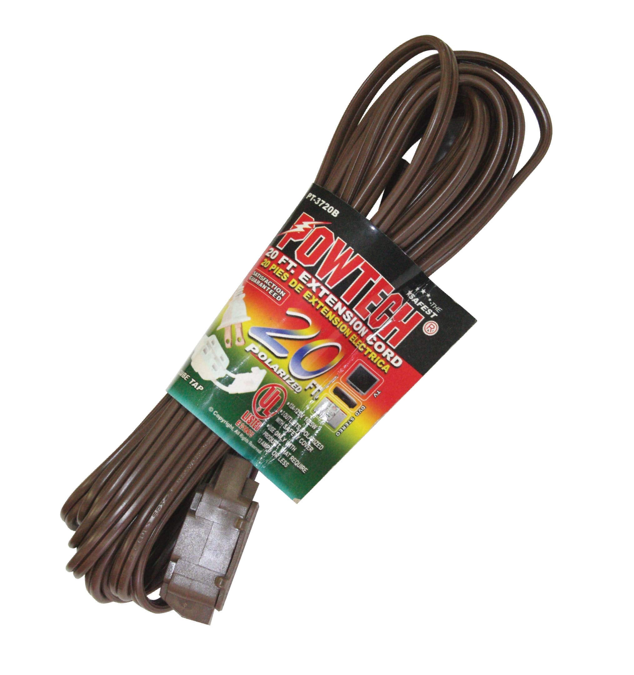 POWTECH UL Heavy Duty Household Extension Cord, 16 Gauge Power Cord with 3 Recepacle Cube Tap 125V, 13 Amps, 1625 W - 20 FT Brown