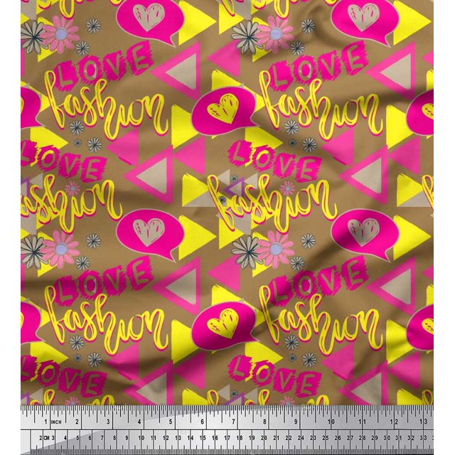 Soimoi Brown Rayon Fabric Text,Heart & Triangle Geometric Printed Craft Fabric by the Yard 56 Inch Wide