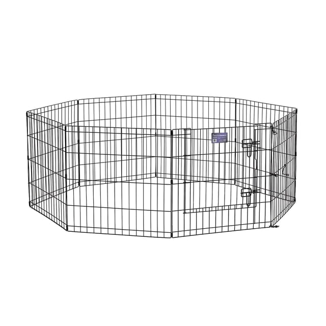 Midwest Homes For Pets 24" Exercise Pen with step-through door, an octagonal black metal wire pen with eight 24-inch wide panels and durable black e-coat finish, featuring a front door with secure latch, easy tool-free setup, foldable for storage, providing 16 square feet of enclosed space ideal for dogs and small pets, often used as a safe play area or training pen.