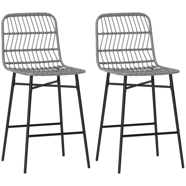 HOMCOM Rattan Counter Height Bar Stools Set of 2 featuring grey woven rattan seats and backs paired with black powder-coated steel legs. The stools include X-shaped crossbars for stability, adjustable foot pads for uneven surfaces, and footrests for added comfort. Ideal for kitchen islands, home bars, dining rooms, or balconies, these armless counter stools integrate seamlessly into modern or traditional decor. Dimensions: 16.9 inches wide, 22 inches deep, and 39.8 inches high.