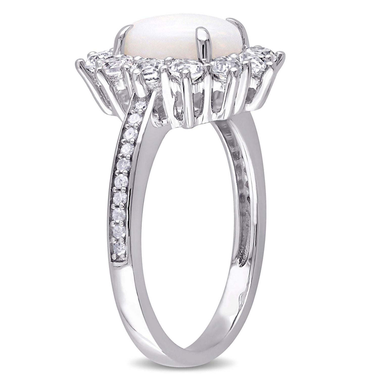 Bague en forme de auréole avec opale et topazes blanches 2 ct PBT et diamants 0,10 ct poids total, en argent sterling