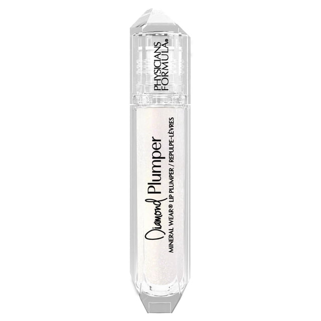 MINERAL WEAR DIAMOND LIP PLUMPER DIAMOND MARGUISE CLEAR by Physicians Formula, a clear lip plumper gloss with genuine diamond dust in a faceted transparent tube featuring black branding text, providing ultra-hydrating, nourishing, and plumping effects for fuller lips with a gemstone-like shine.