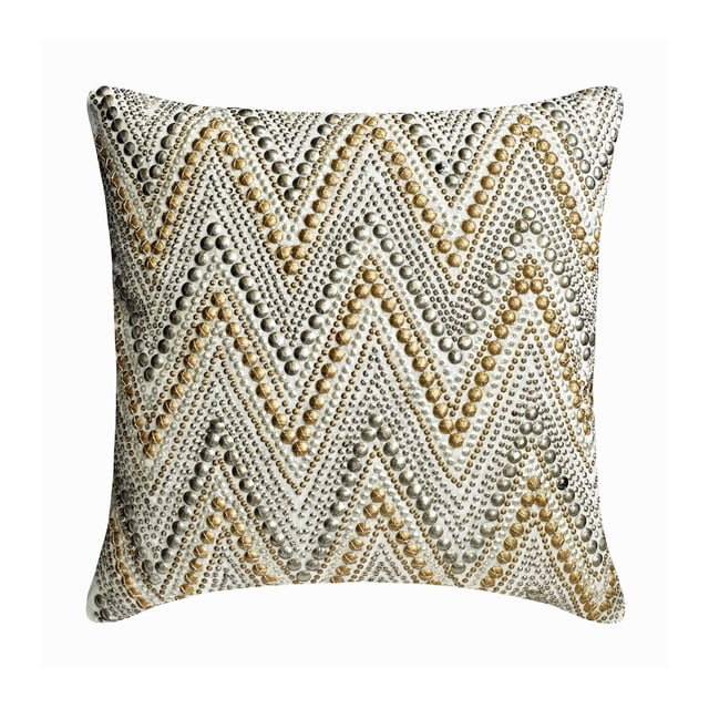 Toss Pillow Cover, Decorative Ivory, Gold & Silver 18"x18" (45x45 cm) Throw Pillow Covers, Silk Chevron & Beaded Throw Pillows For Sofa, Geometric Pattern Modern Style - Chevron Spark