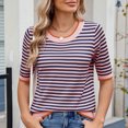 thumbnail image 2 of Pisexur Hauts de Printemps pour Femmes 2025, Hauts d'Entraînement pour Femmes, Hauts pour Dames Blouses à Manches Courtes Rayées Col Rond Mode Décontractée Rose, TG, 2 of 8