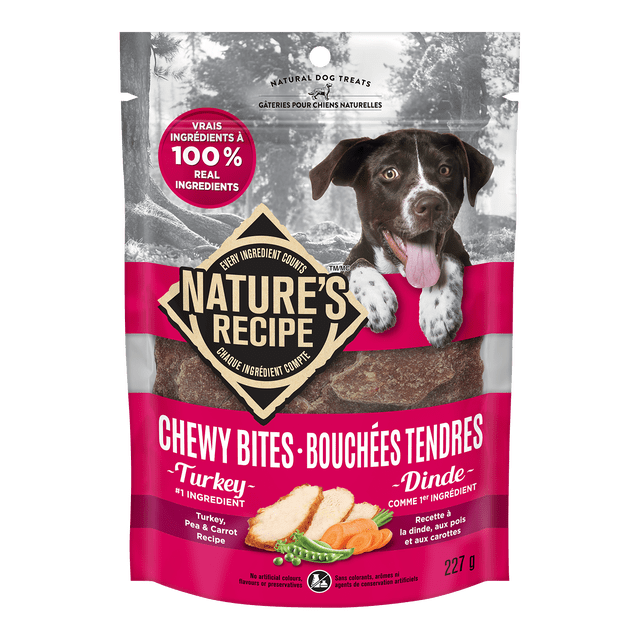 NR BITES TKY 227G Nature's Recipe chewy bites natural dog treats in a 227-gram resealable bag featuring turkey as the #1 ingredient, with peas and carrots, grain free and soft & chewy texture, free from artificial colors, flavors, and preservatives, suitable for dogs needing natural, healthy treats.