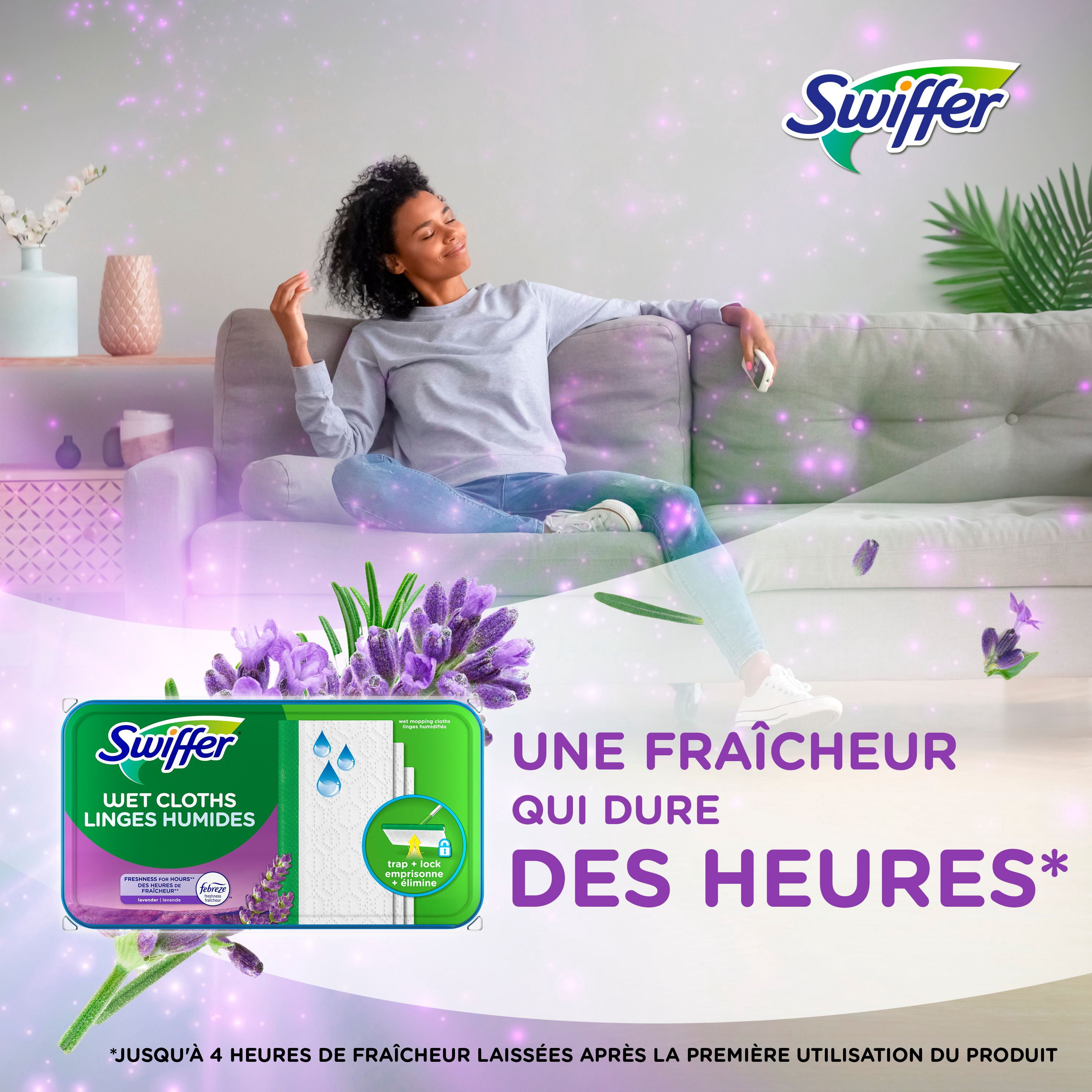 Swiffer Balai + Vadrouille, Linges Humides de Recharge, Nettoyant pour Planchers, Linges de Nettoyage, Lavande, 24 Unités