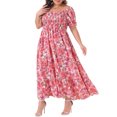 thumbnail image 4 of GRACE & GRANDEUR Robe Maxi Bohème à Fleurs pour Femme Grande Taille, Manches Courtes, Encolure Carrée, Smockée, 2X Rose Vif, 4 of 6