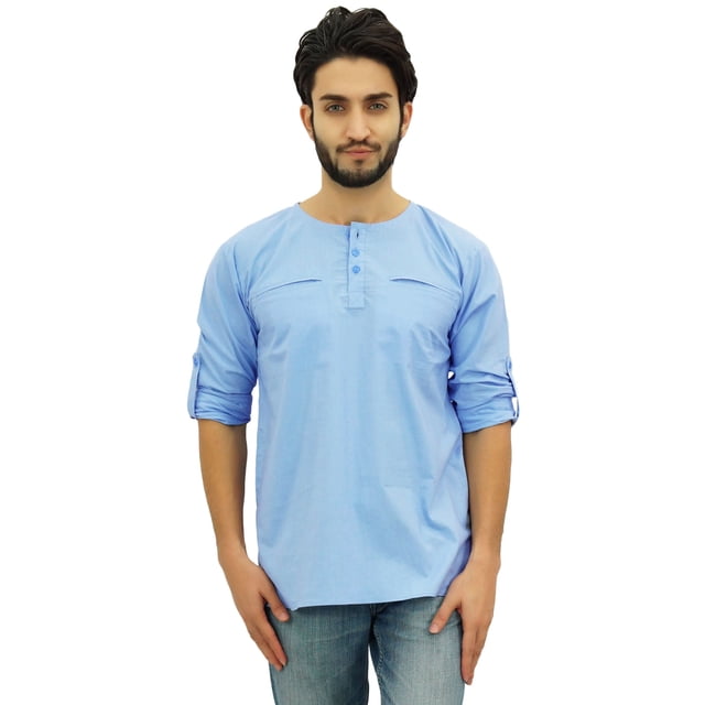Atasi Chemise à Manches Retroussables en Coton Bleu Kurta Col Rond pour Hommes-Moyen