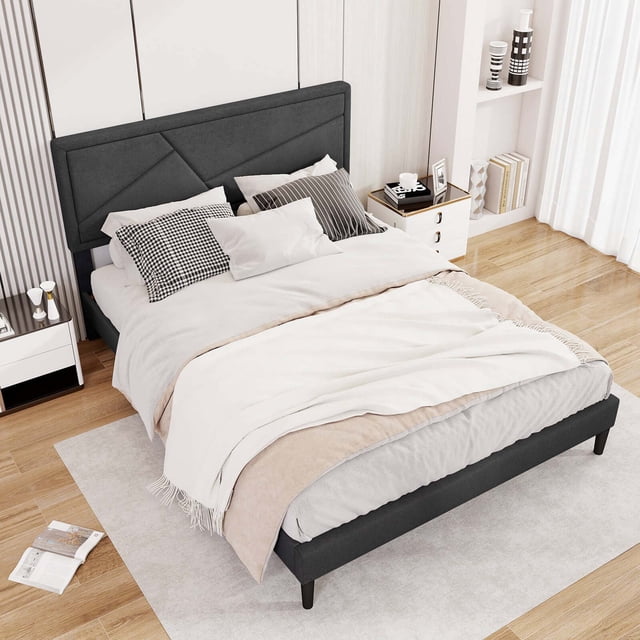 Costway Queen Size Bed Frame with High Headboard & Wooden Slats No Box Spring Needed