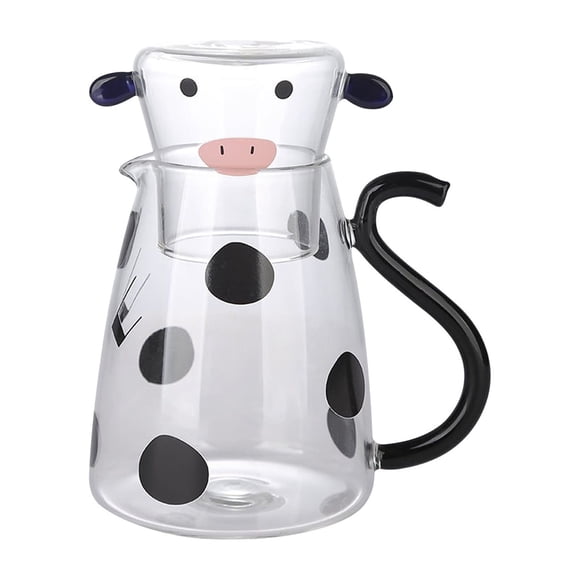 Vaidha Cow Glass Water Pitcher With Glass Cup, Small Glass Carafe For Milk Water Tea Lemonade Juice, Borosilicate Glass Water Jug Beverage Bottle For Home Office