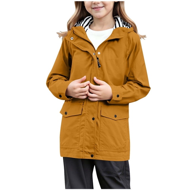 Imperméable pour Enfants Filles Léger à Fermeture Éclair Complète, Veste de Pluie à Boutons, Coupe-Vent Imperméable Style Preppy pour la Randonnée