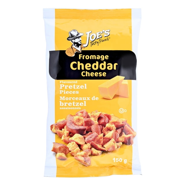 JTT Cheddar Pretzel Bites 150g bag showing cheddar cheese flavored pretzel pieces in a yellow and white package with Joe's Tasty Travels branding, providing a protein, potassium, calcium, and iron-rich snack suitable for sharing.