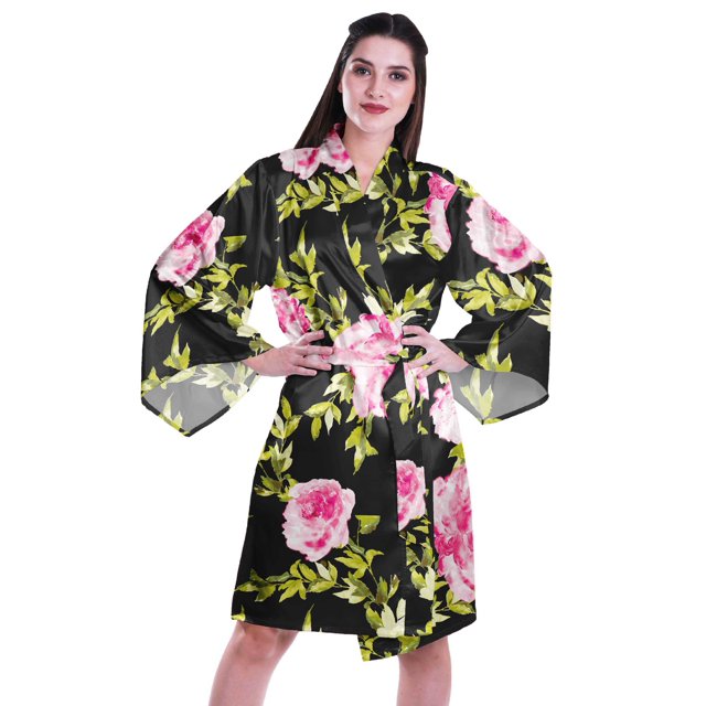 Moomaya Peignoirs Imprimés pour Femmes à Manches Kimono en Satin Soyeux pour la Préparation, Peignoir de Mariée, Couvre-Maillot