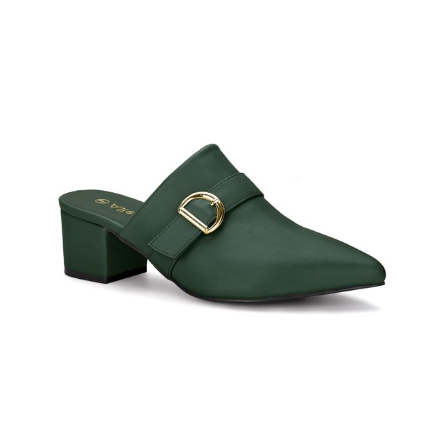 BLISSFUL STEP Women's Shoes Buckle Strap Pointed Toe Chunky Heel PU Vamp Mule Shoes Dark Green 8