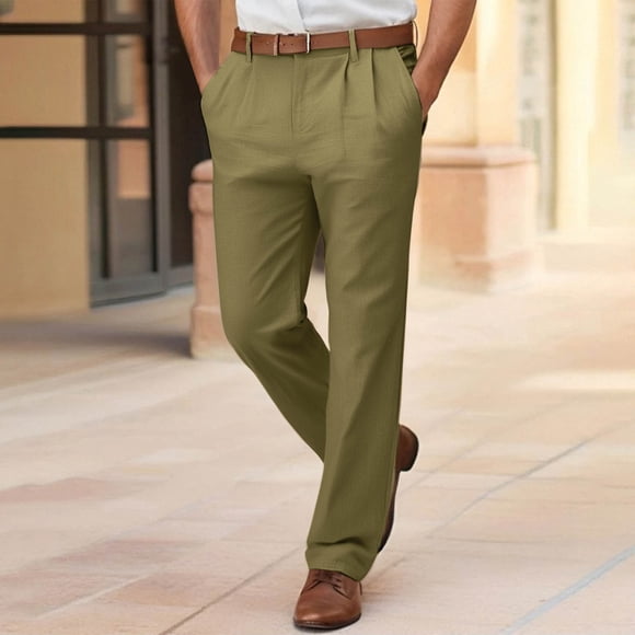 Mceream Chino Linen Pants for Men Wide Leg Elastic Waist Pants Breathable Plain Beach Trousers Ropa Gym Hombre Green XL