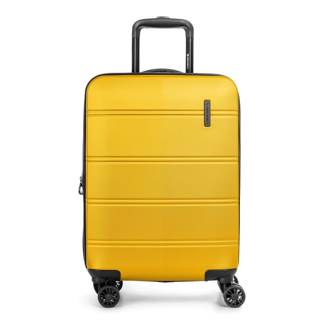 Swiss Mobility - LAX Collection - Lightweight ABS/PC Hardside Luggage in yellow with an extended black telescopic handle, four 360-degree spinner wheels for smooth rolling, and a durable textured hard shell featuring horizontal ridges and a small brand logo plaque on the front.