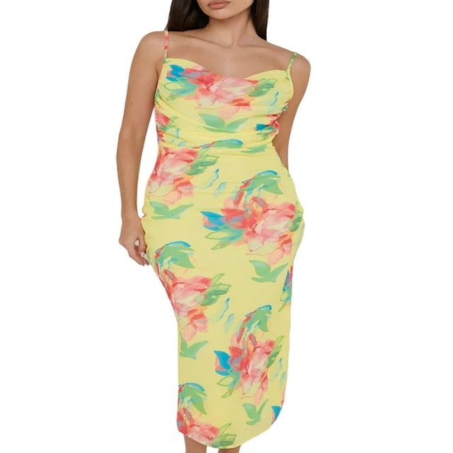 MesaSe Robe Midi à Bretelles Spaghetti Col Bénitier Fendue Sans Manches Dos Nu Froncée Formelle Moulante Longue